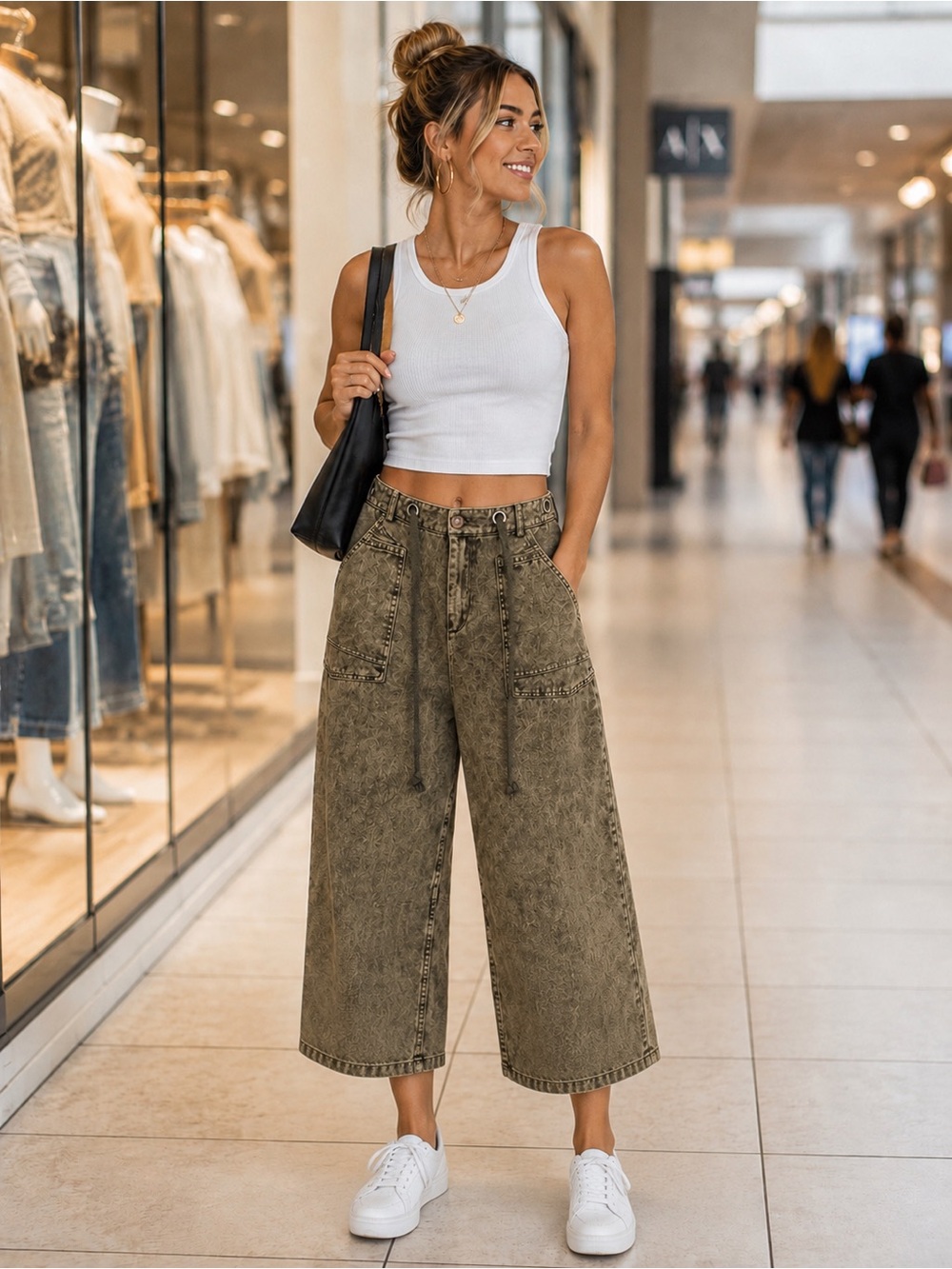 Olive Mineral Wash Cropped Wide-Leg Jean Drawstring Utility Denim